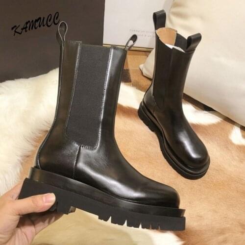 2020 Chunky Boots Women Winter Shoes PU Leather Plush Boots Black Female Autumn Chelsea Boots Fashion Platform Booties