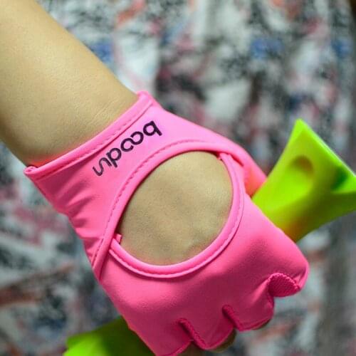 Womens Pink Yoga Gloves Half finger with Palm Leather Breathable Weightlifting Bodybuilding Dumbbell Sport Gym Gloves