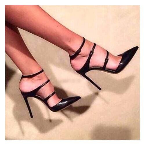 Thin Buckles Ladies Slingback High Heels Black Smooth Leather Women Point Toe Pumps Elegant Style Female Fashion Dress Shoes