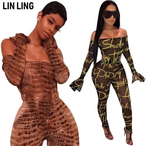 LINLING Sexy Temperament Hollow Out Bra Print Off Shoulder Flared Sleeve Jumpsuit Fashion Pencil Pants