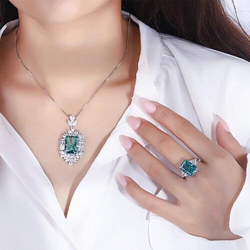 100% Silver 925 Wedding Jewelry Sets For Women Charms Aquamarine Gemstone Lab Diamond Rings Pendant Necklace Anniversary Gift