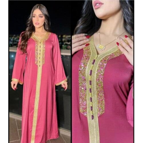 Summer New Style Ladies Dress Hot Diamond Ribbon Lace Long Sleeve Round Neck Muslim Eid Mubarak Robe Woman Clothing WE358