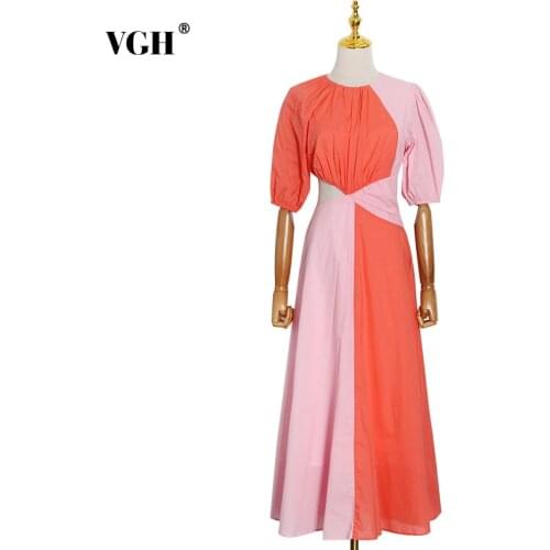VGH Colorful Dress For Women O Neck Puff Half Sleeve High Waist Hit Color Hollow Out A Line Ruched Dresses Female 2021 Fall Tide