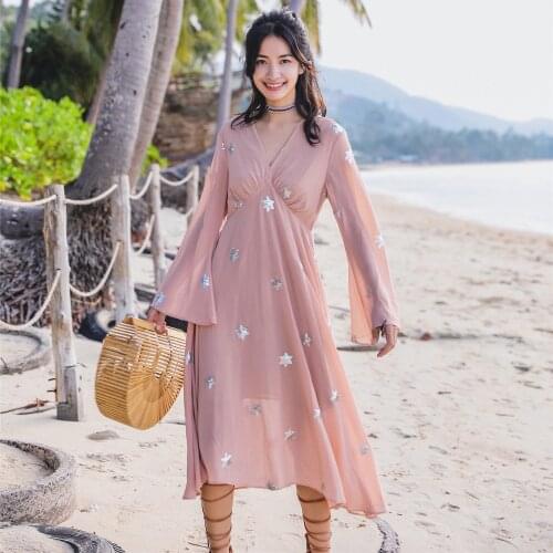 Autumn Lady Fairy Deep V-neck Stars Embroidery Women Dresses Beach Style Holiday Slim Chiffon Long Sleeve Ladies Dresses