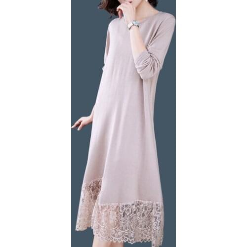 Fashion Loose Sweaters dress women 2019 Autumn new vintage knitting Lace dress Solid color Long sleeve O-Neck Long dress women