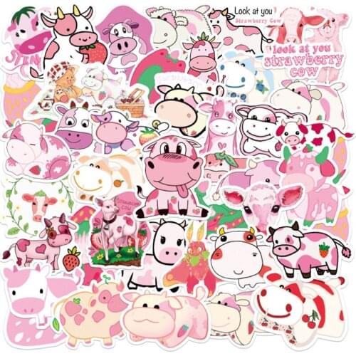 50PCS Cute Pink Strawberry Cow Stationery PVC Stickers For Phone Laptop Funny Graffiti Sticker Decals Kid Toy DIY Stickers