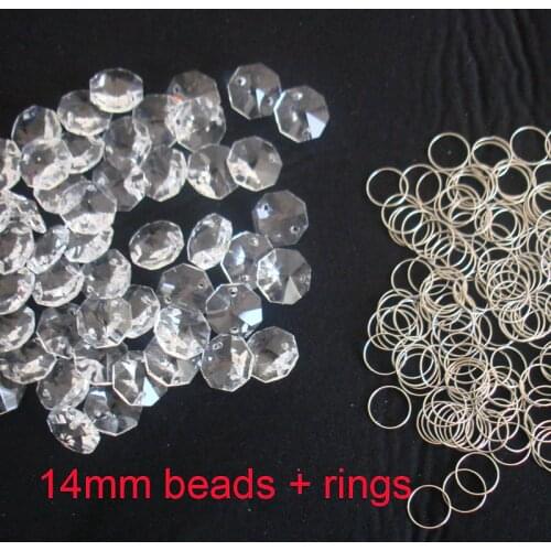 100PCS/lot 14mm crystal octagon beads in 2 holes + 100pcs meatl rings for wedding strands & chandelier bead chain