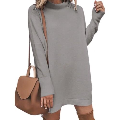50% HOT SALES！！Autumn Winter Women Loose Long Sleeve Mock Neck Knit Sweater Pullover Dress