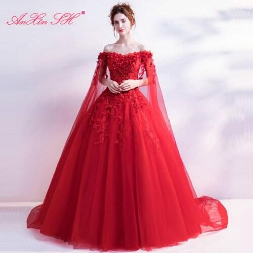 AnXin SH princess red lace rose flower boat neck luxury boat neck beading crystal illusion with Shawl evening dress 9126