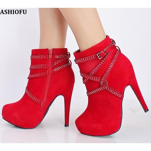 ASHIOFU Handmade Ladies Wedding Party High Heel Boots Cross-straps Platform Party Prom Ankle Boots Dress Evening Fashion Booties