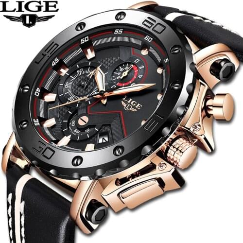 2021 LIGE New Fashion Men Watches Top Brand Luxury Big Dial Military Quartz Watch Leather Waterproof Sport Chronograph Watch Men