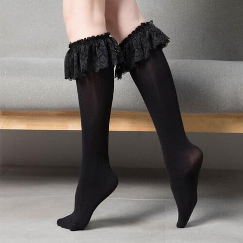 Black Lace Stockings Women Wedding Evening Party Vintage Lolita Stockings Girls Frilly Lace Socks Elasticity Nylon Knee Stocking