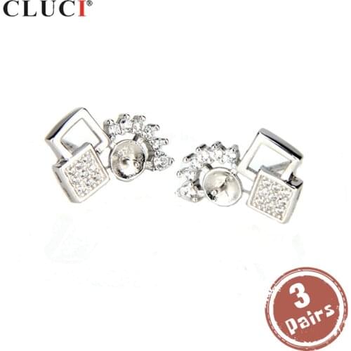 CLUCI 3 pair wholesale 925 Sterling Silver Stud Earrings For Women Wedding Pearl Earrings Mounting Stud Earrings SE031SB