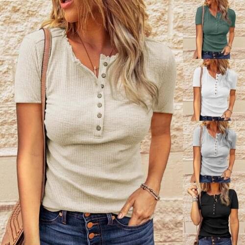 T-shirt Basic Tee Shirt Femme Solid Color Women Short Sleeve U Neck Buttons Slim Blouse Top for Spring/Summer T-shirt Top blouse