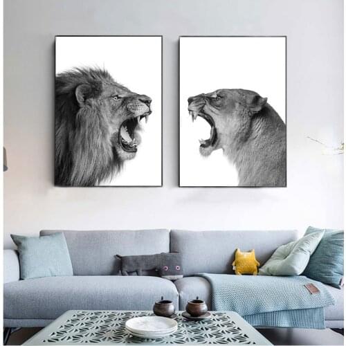 Lion and Lioness Canvas Black White Woodlands Animal Wall Art Print Painting Nursery Wall Art Picture for Living Room