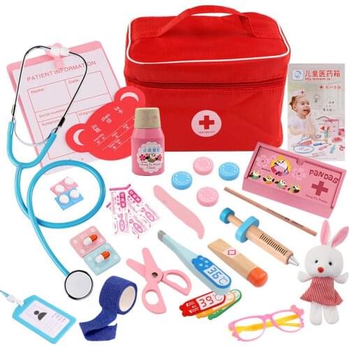 Toys for Children Girl Boy Kids Pretend Play Wood Doctor Toys Red Medical Kit Dentist Medicine Box Sets Cloth Bag Packing Games