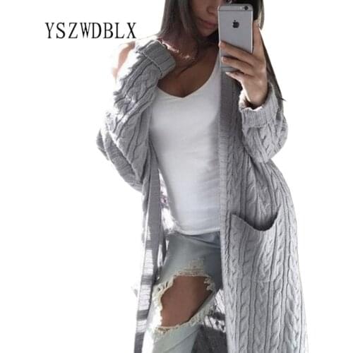Long Cardigans Women Cotton Fall 2020 Thick Spring Winter Female Knitted Sweater Pocket Yellow Pink Grey Color Ladies Outerwear