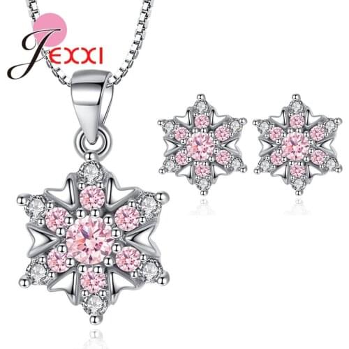Cute Jewelry Sets Pink and Clear Cubic Zirconia Stone 925 Sterling Silver Ice Flower Design Stud Earrings Pendant Necklace Chain