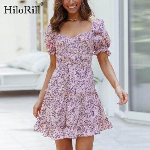 HiloRill Sweet Floral Printed Ruffles Mini Dress Women A Line Elastic Waist Boho Beach Dresses Short Sleeve Summer Sundress