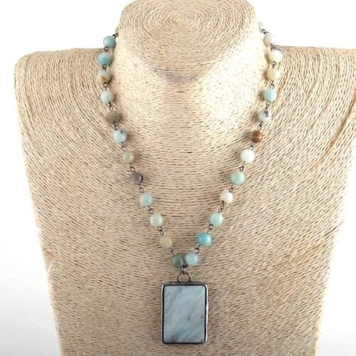 Fashion Jewelry Natural Stone Rosary Chain Rectangle Stone Pendant Choker Necklaces Women Necklace