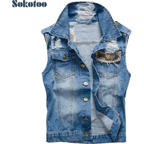 Sokotoo Mens casual camouflage patch design denim vest Male fashion slim holes ripped coat Tank top Free shipping