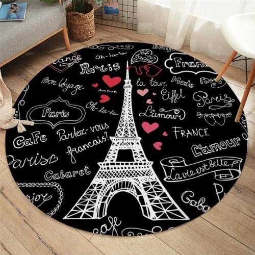 2020 New France Paris Tower Round Carpets Letters Print Living Room Area Rug Black and White Floor Mat Rug