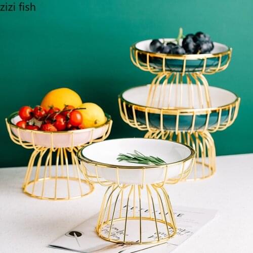 Gold Plated Ceramic Fruit Plates Solid Color Porcelain Food Dishes Dessert Dish Hotel Serving Trays Tabletop Plate Cake Stand