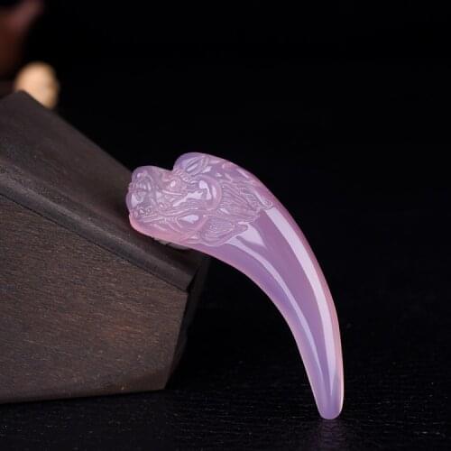 Nature lilac chalcedony Carven Tiger Tooth Amulet pendant with string talisman