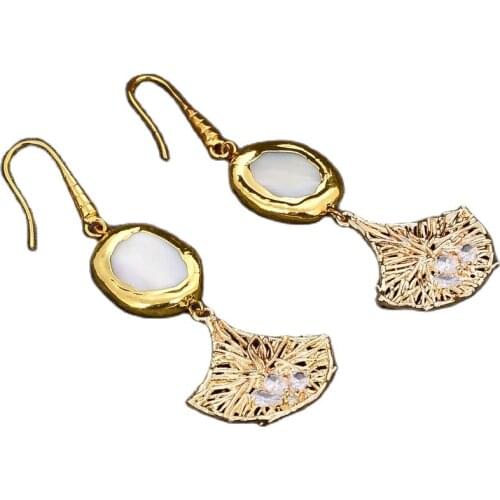 JK White Shell Pearl Clear Crystal Cz Pave Setting Gold Plated Sector Dangle Hook Earrings