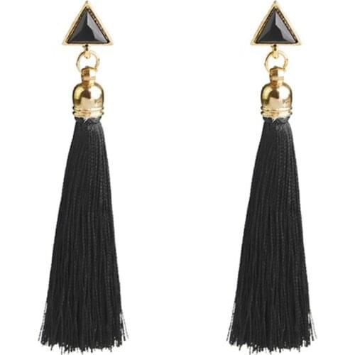 Bohemian Crystal Long Tassel Earrings Black Blue Red Pink Silk Fabric Drop Dangle Earrings Women Jewelry For Party Beach