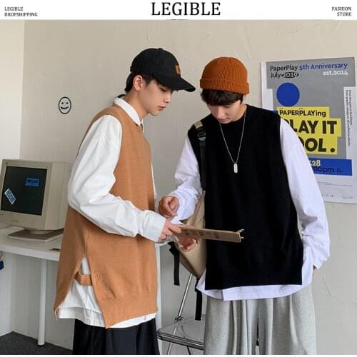 Sweaters Korean Vest Mens Solid Loose Fit Jumpers Knitwear Sleeveless Sweater Men Casual Oversize Men Clothes