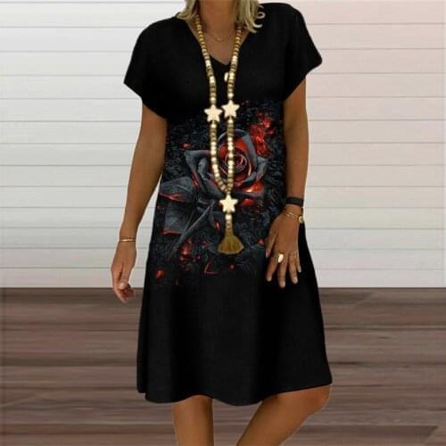 Vintage Rose Printed Mini Dress for Women Clothing Summer Autumn 2021 Fashion Short Sleeve V-Neck Plus Size Casual Dresses Ladie