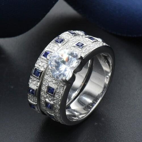 Hutang Vintage 3.51ct Blue Sapphire Couple Wedding Rings 100% 925 Sterling Silver Forever Love Romantic Lovers Finger Rings