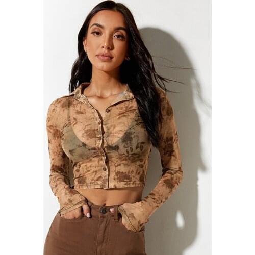 Floral Print Womens T-shirt Sexy Perspective Short Long Sleeve Party Top 2021 Spring And Autumn Lapel Slim Harajuku Women Tops