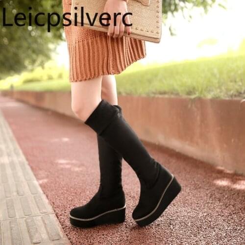 Womens Boots The New Autumn And Winter fashion Round head Wedge mid heel Womens Over the knee boots plus size 32-43 5cm high