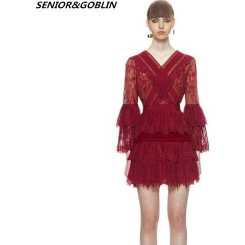 High Quality Spring Runway Party Dress Women Sexy V Neck Self Portrait Lace Patchwork Ruffles Flare Sleeve Retro Cake Dress