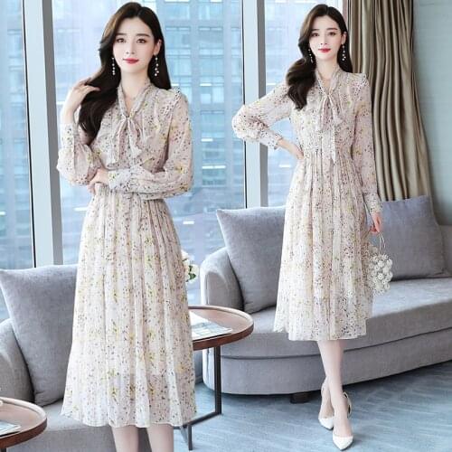 2021 Vintage Plus Size Long Sleeve Maxi Dress Autumn Boho Beige Printed Chiffon Korean Midi Dress Women Elegant Bodycon Vestido