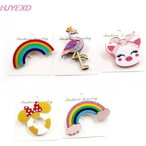 1pcs) Glitter Rainbow Brooch (Safty Pin) Unicorn Piggy Mouse Flamingo Acrylic