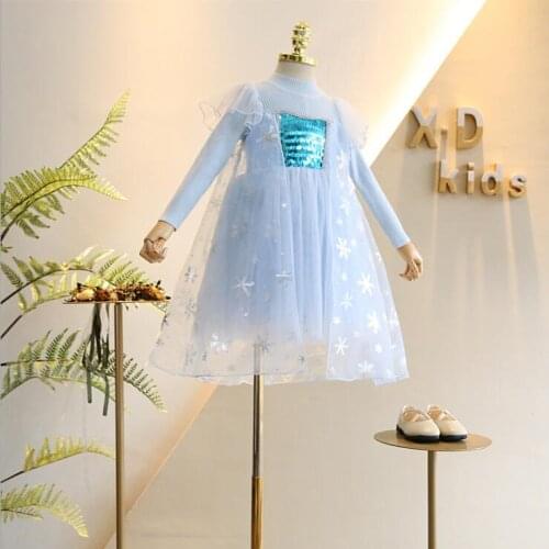 Fancy 2-9year Baby Girl Princess Elsa Dress for Girls Clothing Wear Cosplay Elza Costume Party girls Knitted patchwork dress