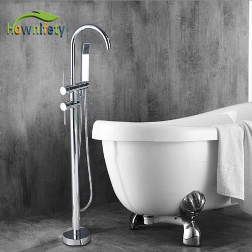 Chrome Bathtub Floor Stand Faucet Mixer ABS Plastic Hand Shower Deck Mount 360 Degree Rotation Dual Handle Control