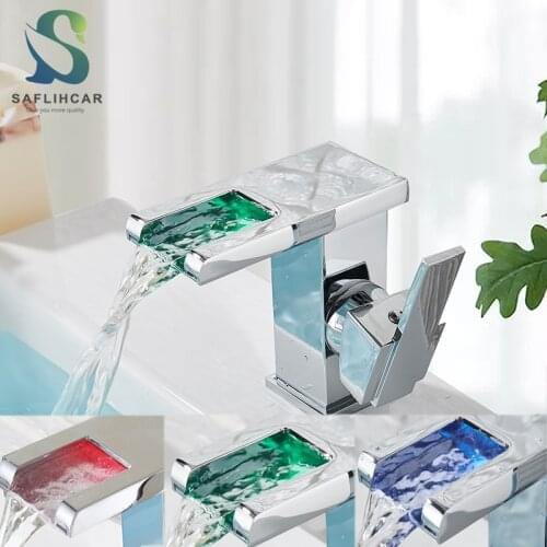 Chrome With LED Bathroom Basin Faucet 3 Color Changes Anti-scald Waterfall Gentle Effluent Hot and Cold Water Mixer Taps