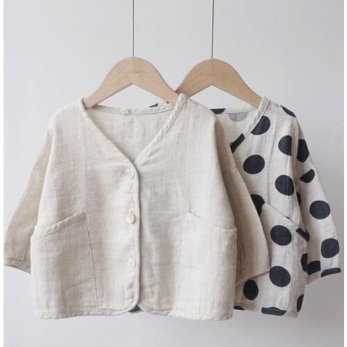 Kids Boys Girls Cotton Linen Solid Polka Dot Cardigan, Korea Style Loose Casual Linen Autumn/spring Outwear Coat