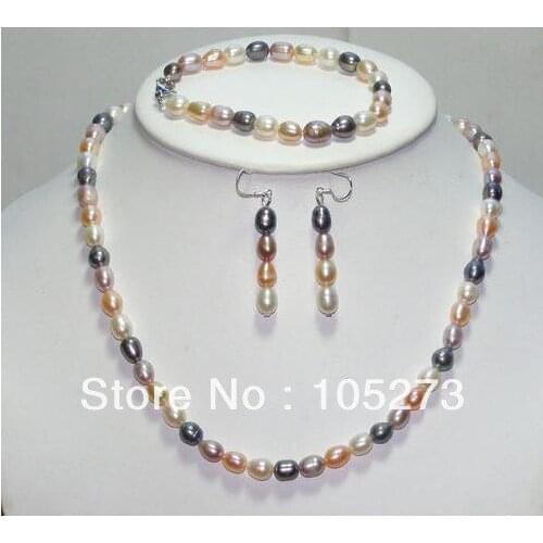 Wholesale Pearl Jewellery Set Multi-Color Natural Freshwater Pearl Necklace Bracelet Earrings 6-7mm Rice Shaper Free Shipping