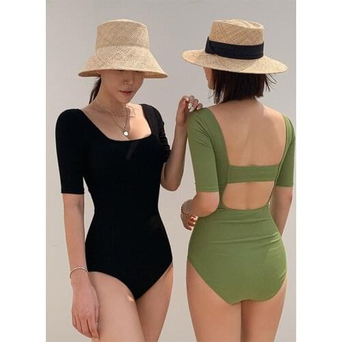 Korea Short Sleeve One Piece Swimsuit Women Solid Swimwear Open Sexy Back Monokini Cut Out Swim Suit Bathing Suit Push Up Pad
