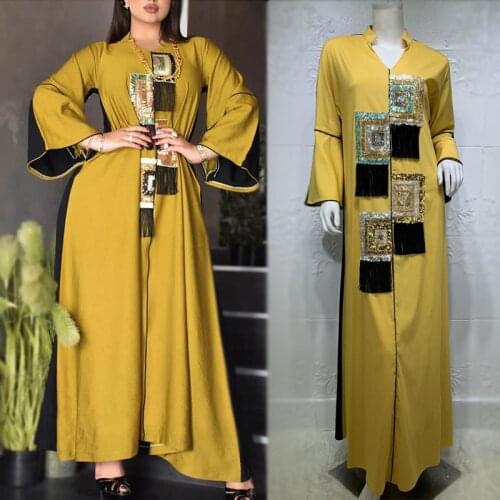 Fashion Muslim Women Clothing Ethnic Orange Long Dress Sequins Moroccan Kaftan Dubai Turkey Arab Middle East Islam Robe 2021New
