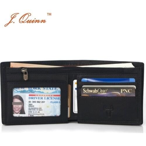 J.Quinn Front Pocket Credit Card Wallet for Men Soft ID Genuine Leather Wallets with Zipper Coin College Preppy Man Short Purse