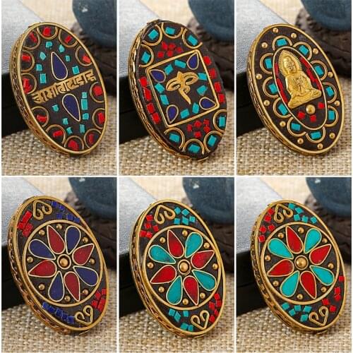 Nepalese Buddhist Handmade Flat Oval 47x30mm Tibetan Brass Metal & Clay Loose Craft Beads for Jewelry Making DIY Necklace