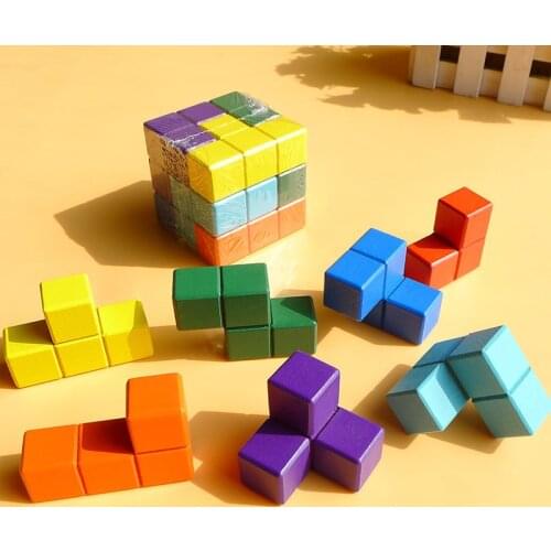 Novelty Toy Tetris Magic Cube Multi-color 3D Wooden Puzzle Early Educational Brain Teaser Game IQ Tester Kids Gifts For Children