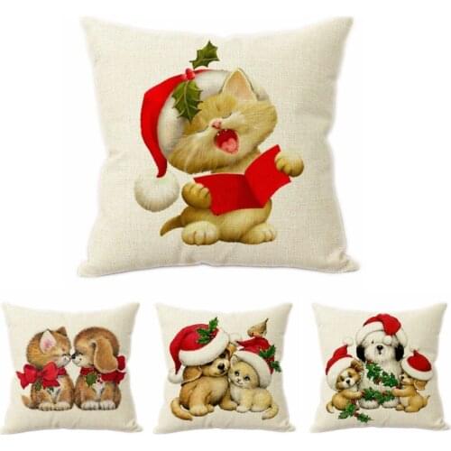 Adorable Baby Cat Reading Puppy Dog Christmas Decorative Pillows for Living Room Dachshund Santas Hat Xmas Gift Cushion Covers