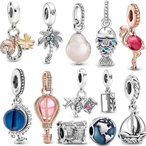 Original100% 925 Sterling Silver Female Beads Rose Gold Pendant Hot Air Balloon Blue Globe Pendant Suitable For Pandora Bracelet